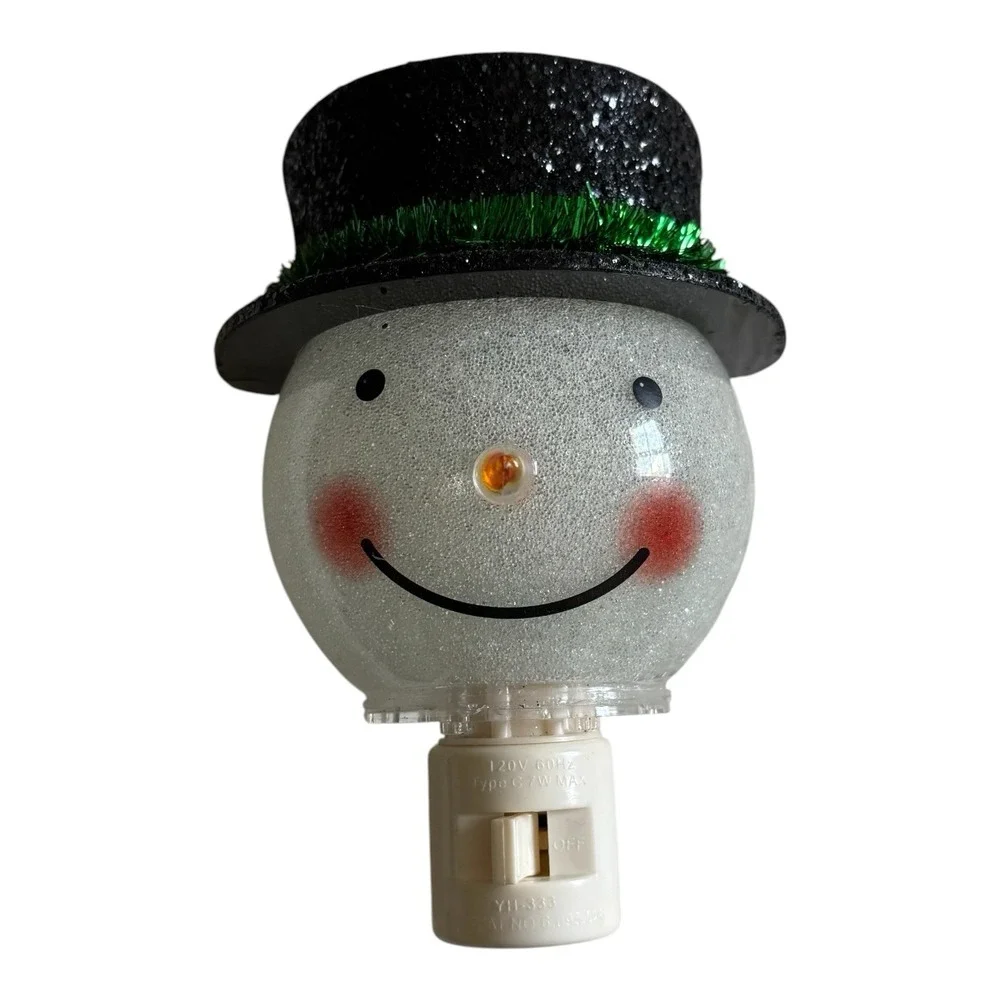 Vintage Snowman Plug-In Night Light Hard Plastic Glitter Top Hat On/Off Switch